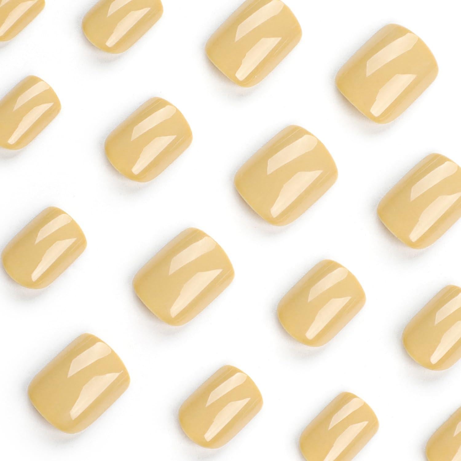 Uñas Postizas Cortas Cuadradas MABKJLF Amarillas 24 Piezas