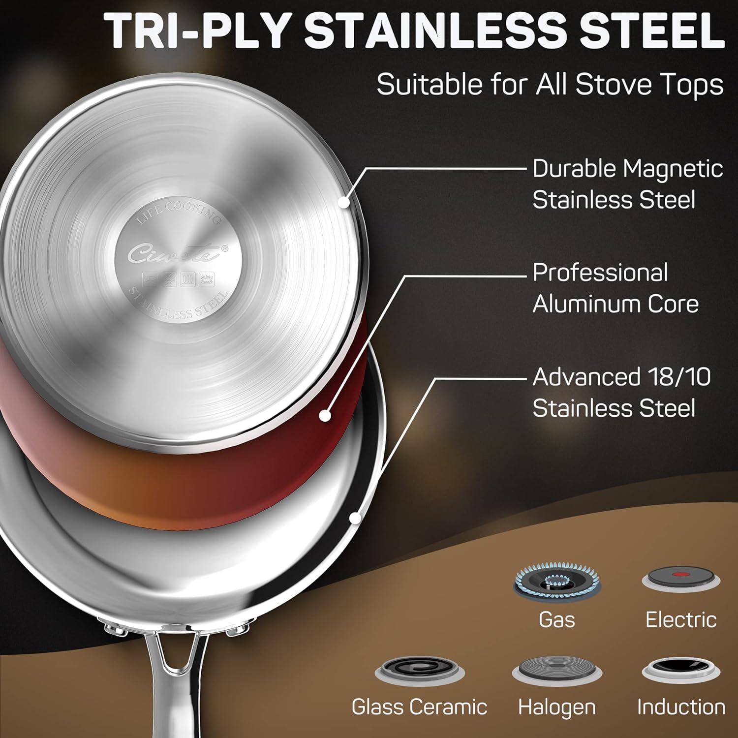 Cacerola de Acero Inoxidable Ciwete 2L con Tapa Ergonómica