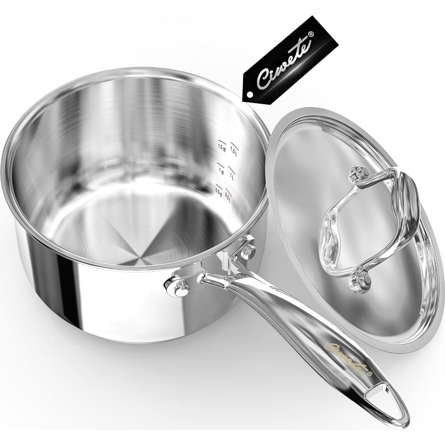 Cacerola de Acero Inoxidable Ciwete 2L con Tapa Ergonómica