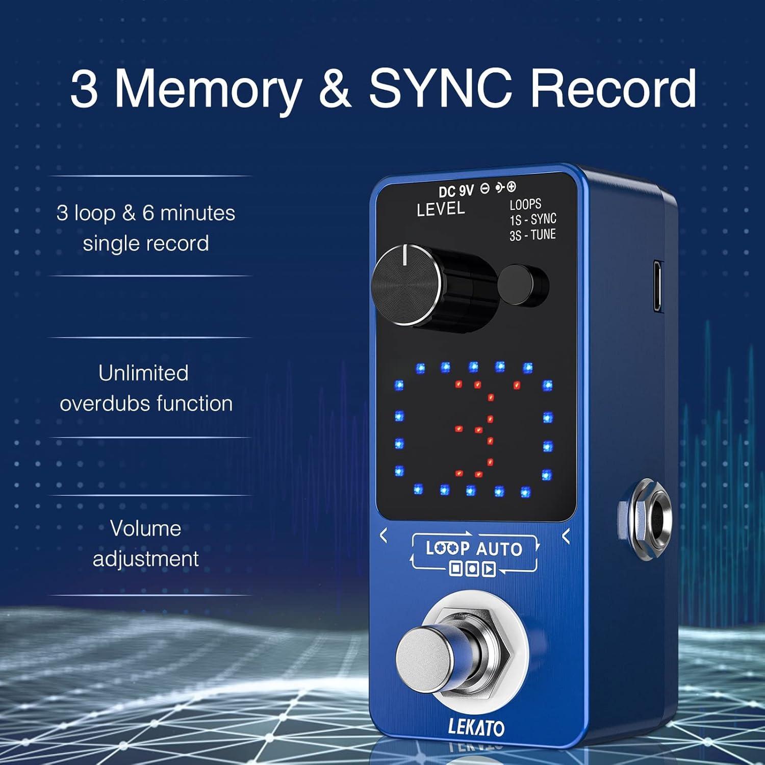Pedal Looper LEKATO para Guitarra y Bajo, 3 Bucles, 18 Minutos