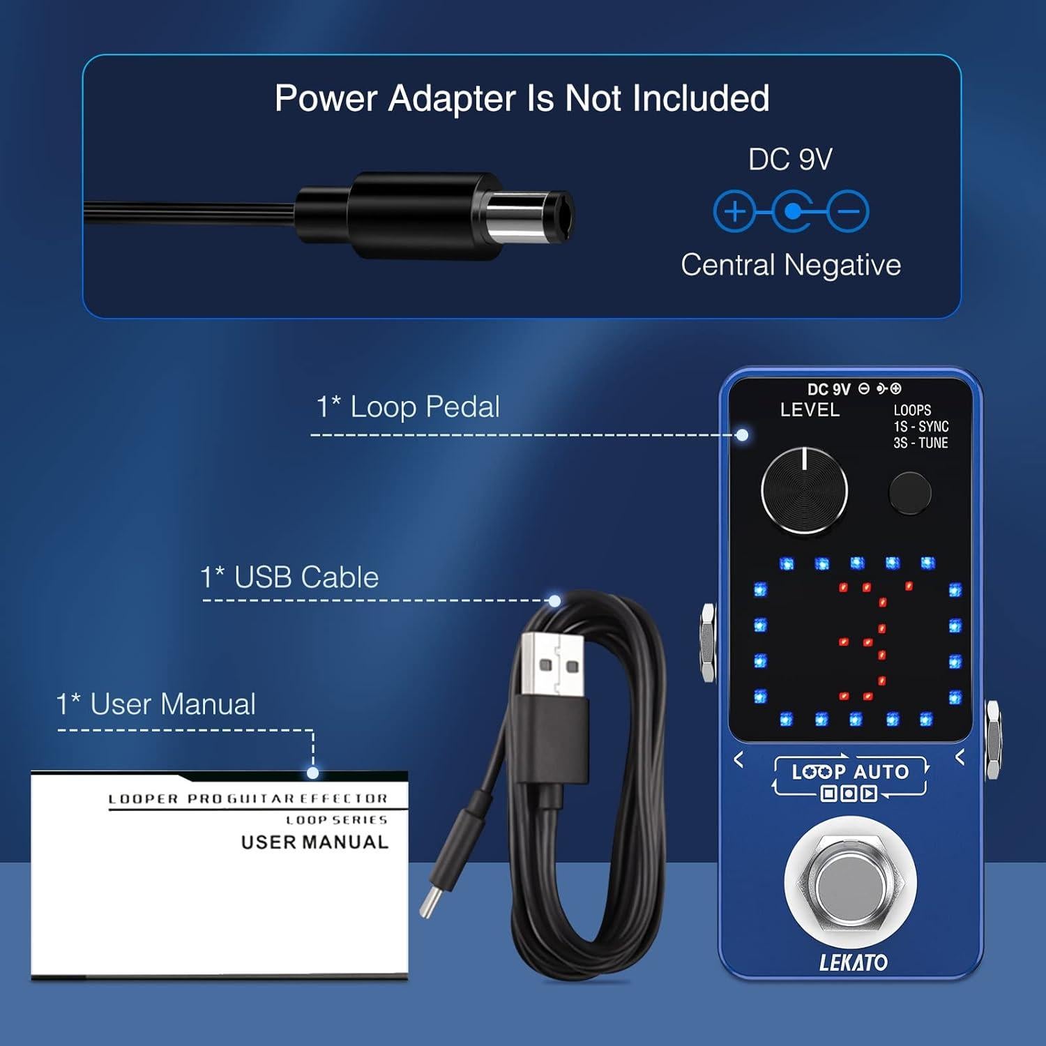 Pedal Looper LEKATO para Guitarra y Bajo, 3 Bucles, 18 Minutos