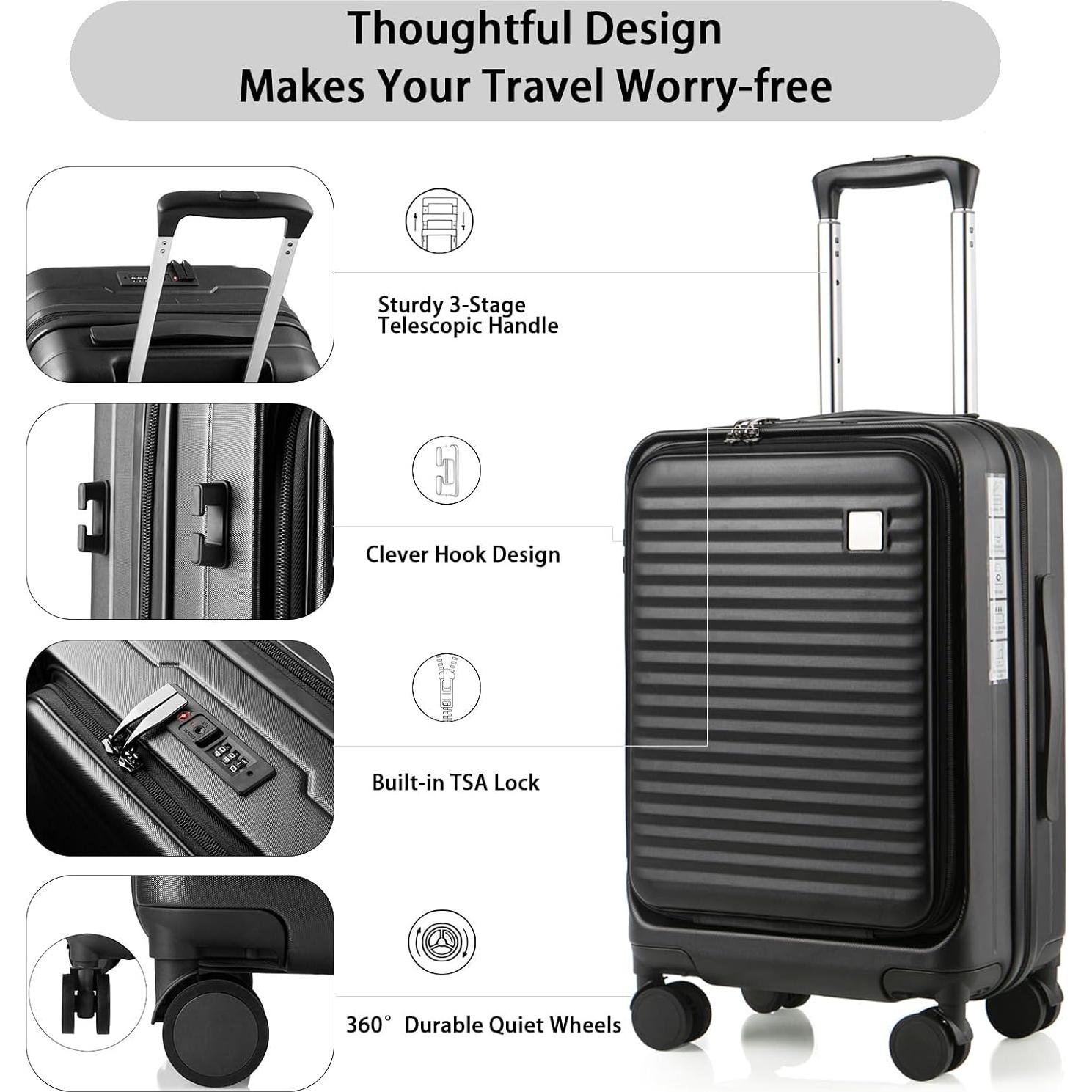 Maleta de Mano Expandible Kmvazcd 20" Negra con Ruedas y TSA