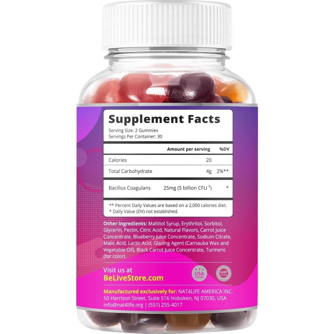 Gomitas Probioticas BeLive 60 Ct - 5 Mil Millones CFUs Sin Azúcar