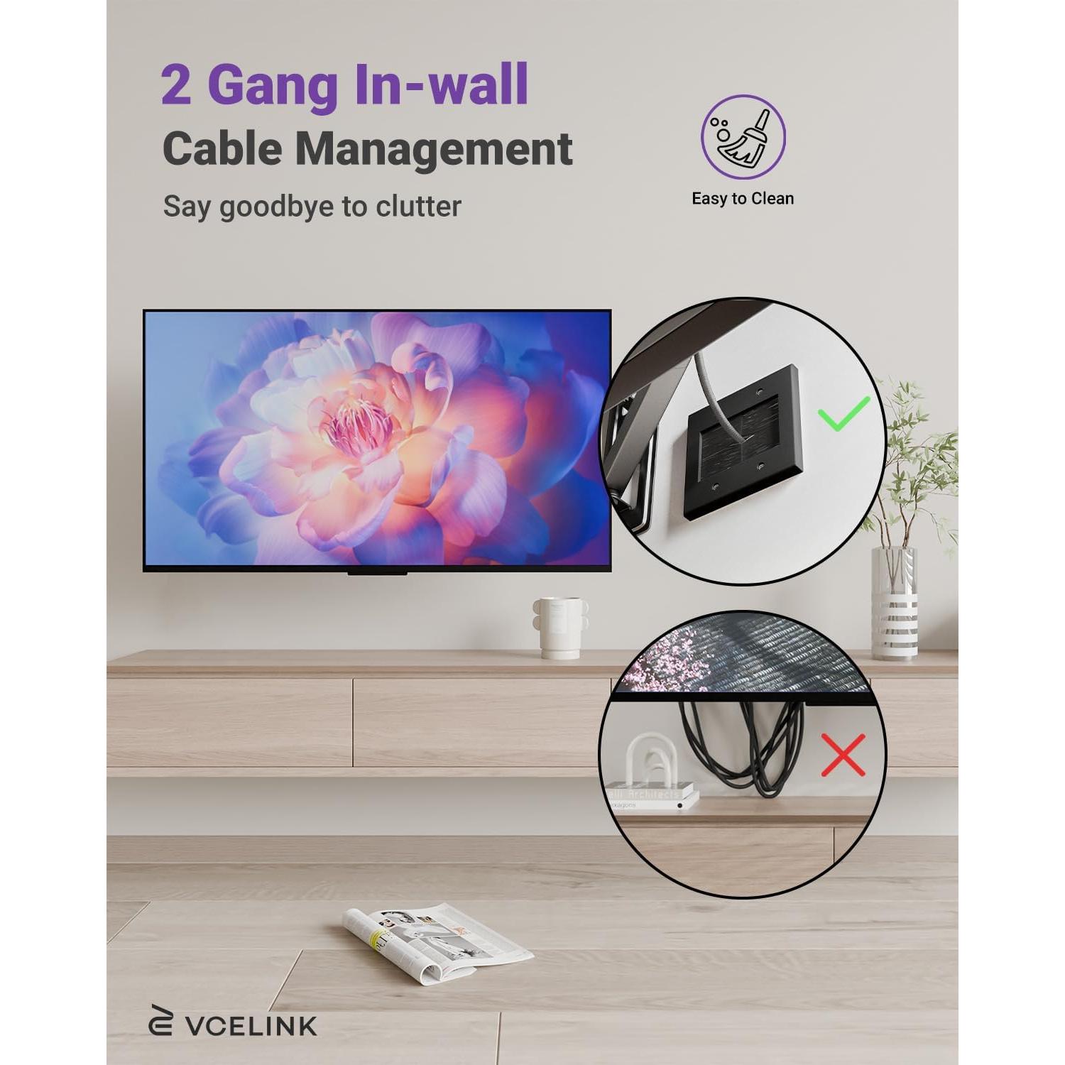 Placa de Pared VCELINK 2 Gang Brush Negro para Gestión de Cables