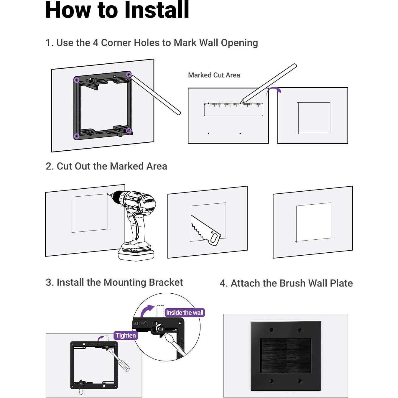 Placa de Pared VCELINK 2 Gang Brush Negro para Gestión de Cables
