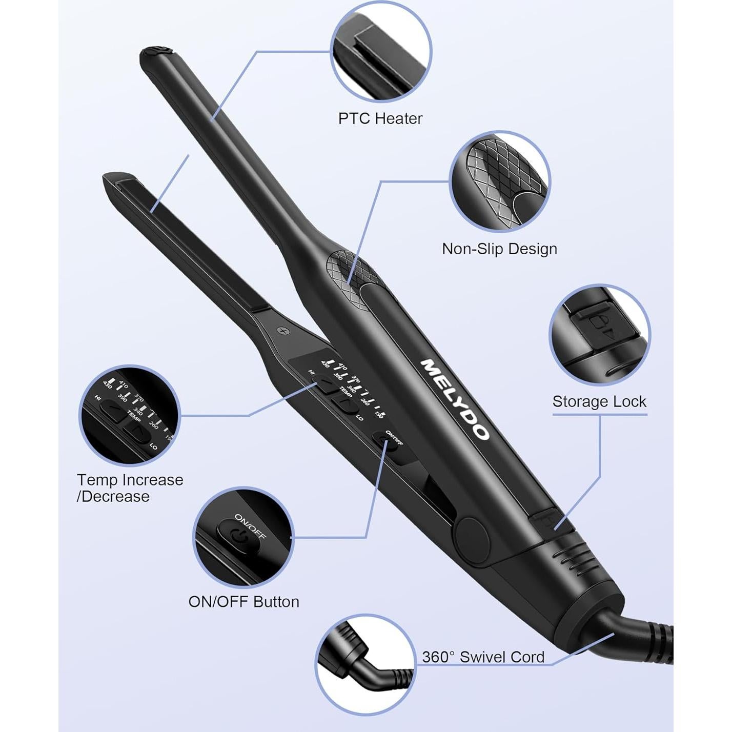 Plancha de Lápiz MELYDO 3/10" para Cabello Corto - Temperatura Ajustable