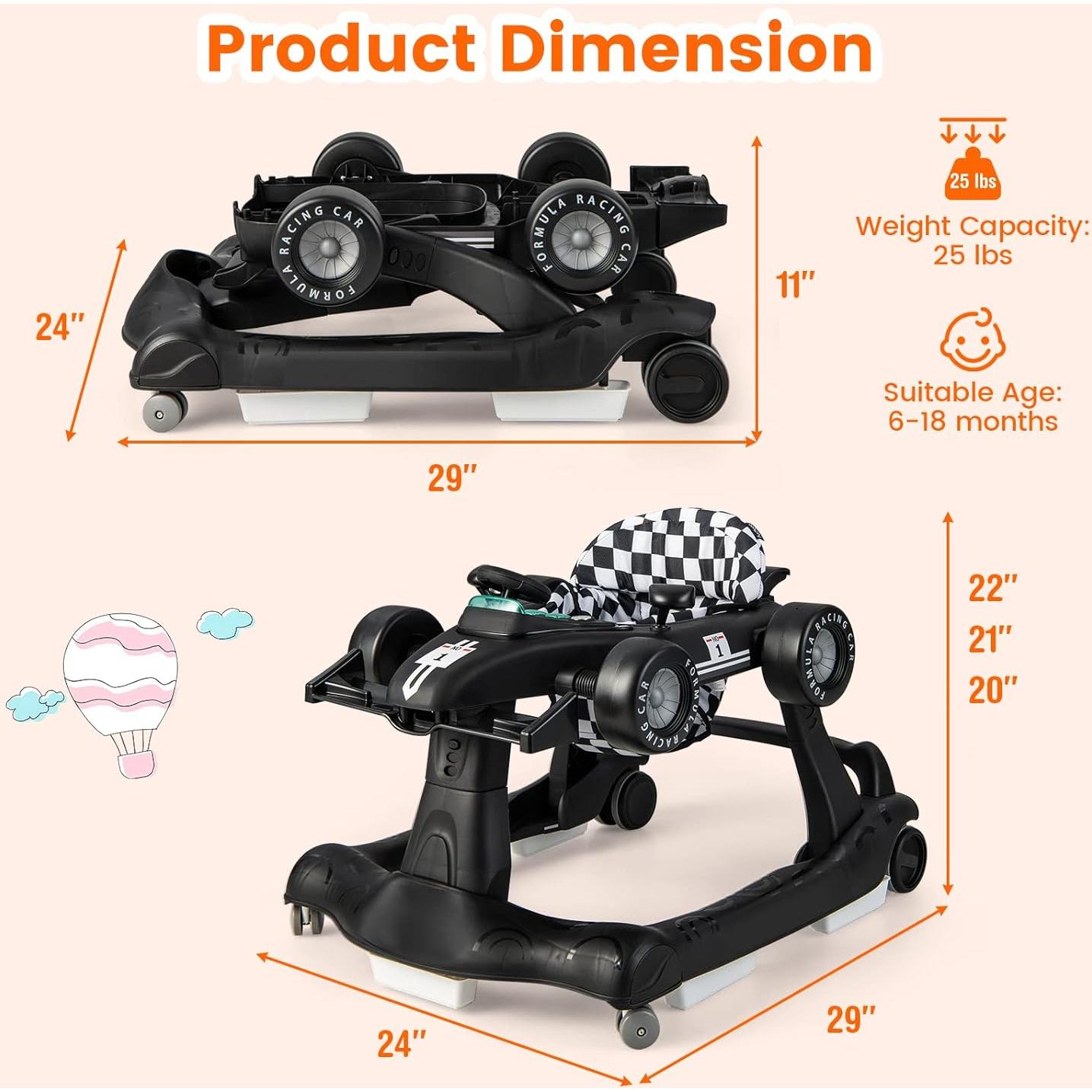 Andador 4-en-1 HONEY JOY para Bebés Ajustable Negro