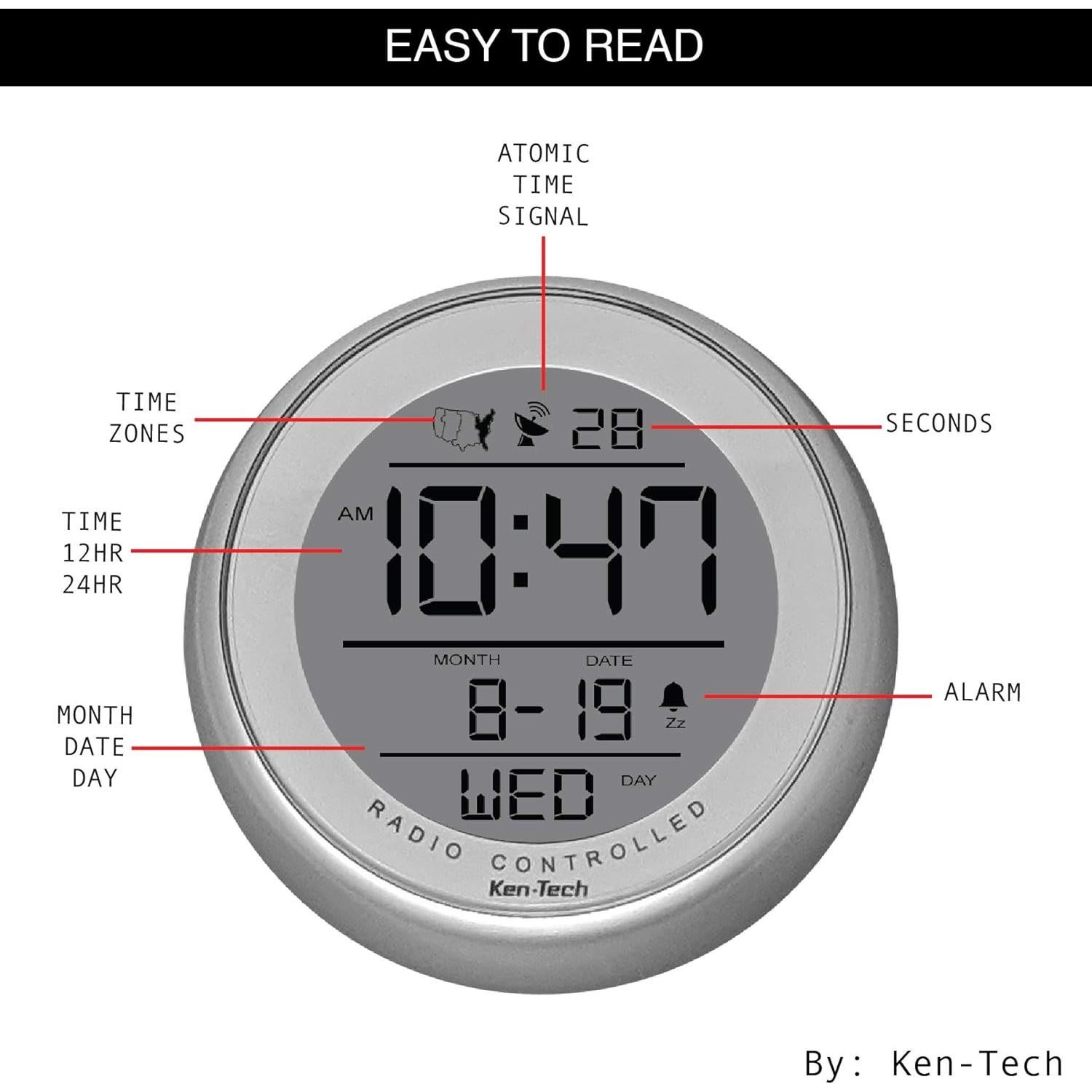 Reloj Atómico Digital Ken-Tech T-4660 Plata Resistente Agua
