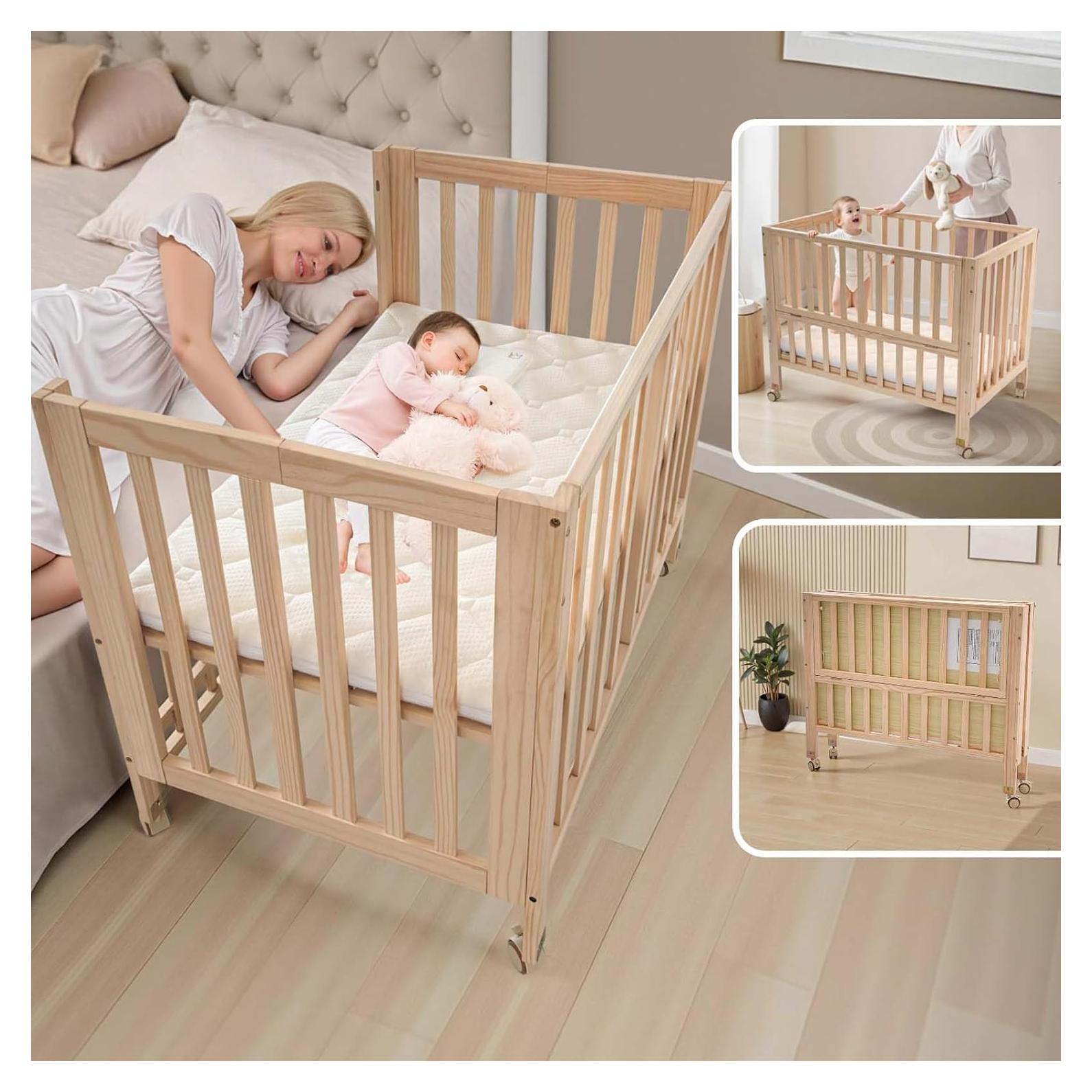 Cuna Plegable 4 en 1 Flwrgirl de Madera de Pino con Colchón