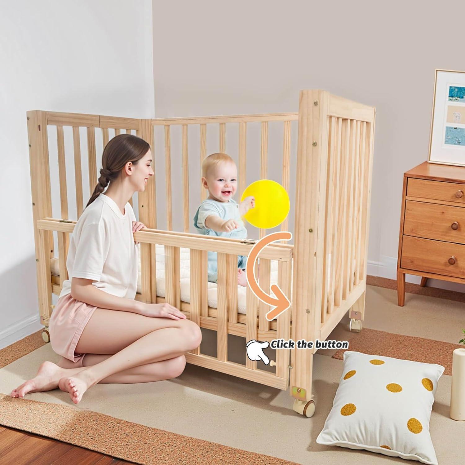 Cuna Plegable 4 en 1 Flwrgirl de Madera de Pino con Colchón