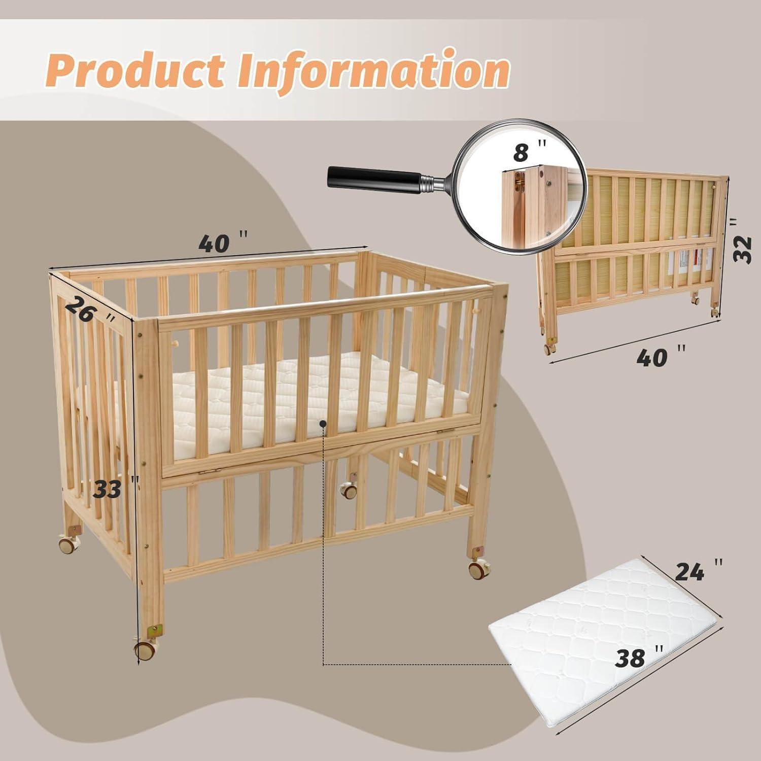 Cuna Plegable 4 en 1 Flwrgirl de Madera de Pino con Colchón