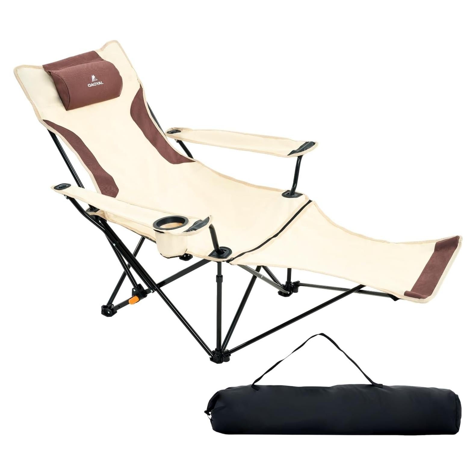 Reclining Camping Chair 4-Position Adjustable, Lightweight Folding Lounge Beach Chair for Adults with Removable Footrest & Headrest, Cup Holder & Storage Pouch for Outdoor(330lbs Capacity), Beige