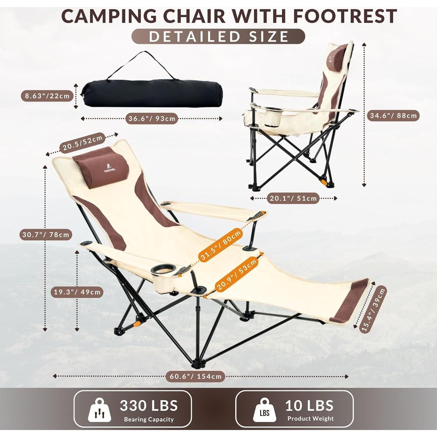 Reclining Camping Chair 4-Position Adjustable, Lightweight Folding Lounge Beach Chair for Adults with Removable Footrest & Headrest, Cup Holder & Storage Pouch for Outdoor(330lbs Capacity), Beige