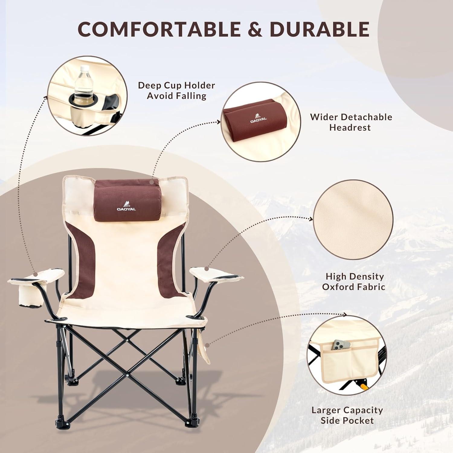 Reclining Camping Chair 4-Position Adjustable, Lightweight Folding Lounge Beach Chair for Adults with Removable Footrest & Headrest, Cup Holder & Storage Pouch for Outdoor(330lbs Capacity), Beige