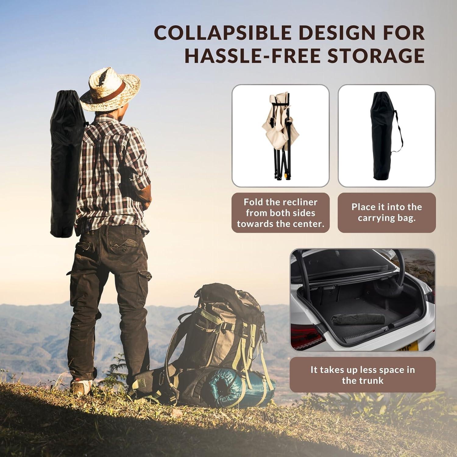 Reclining Camping Chair 4-Position Adjustable, Lightweight Folding Lounge Beach Chair for Adults with Removable Footrest & Headrest, Cup Holder & Storage Pouch for Outdoor(330lbs Capacity), Beige