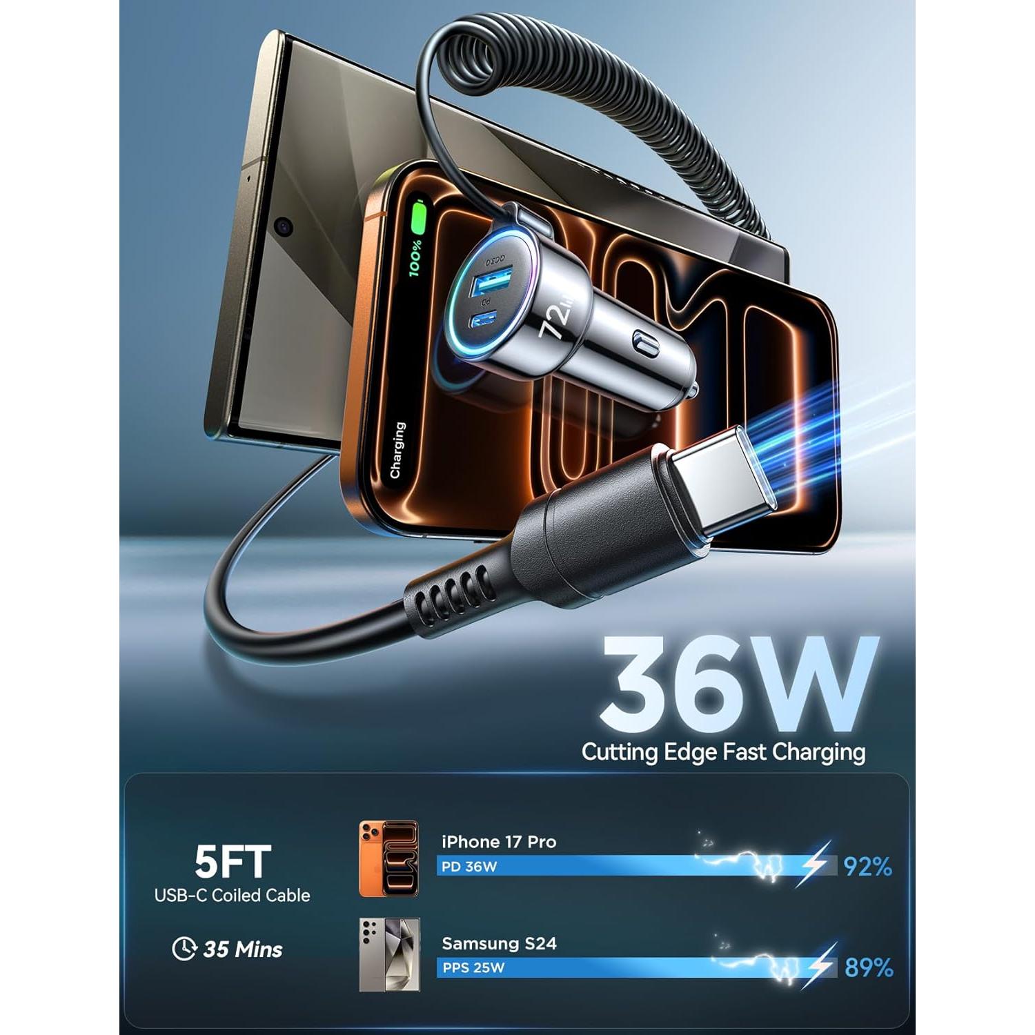 Cargador de coche FLYLEAD 72W USB C con cable 36W para iPhone 17/16