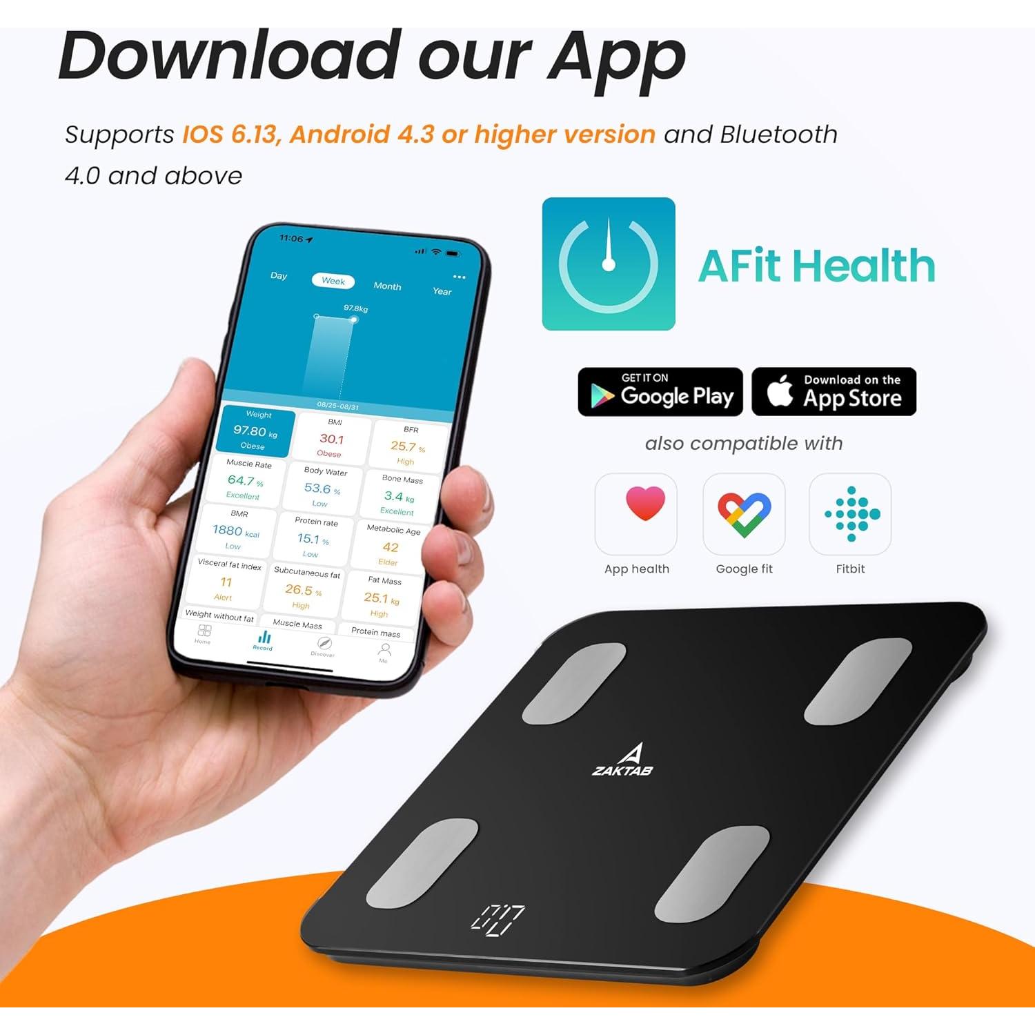 Báscula Digital ZAKTAB 180 kg con Análisis Corporal Bluetooth