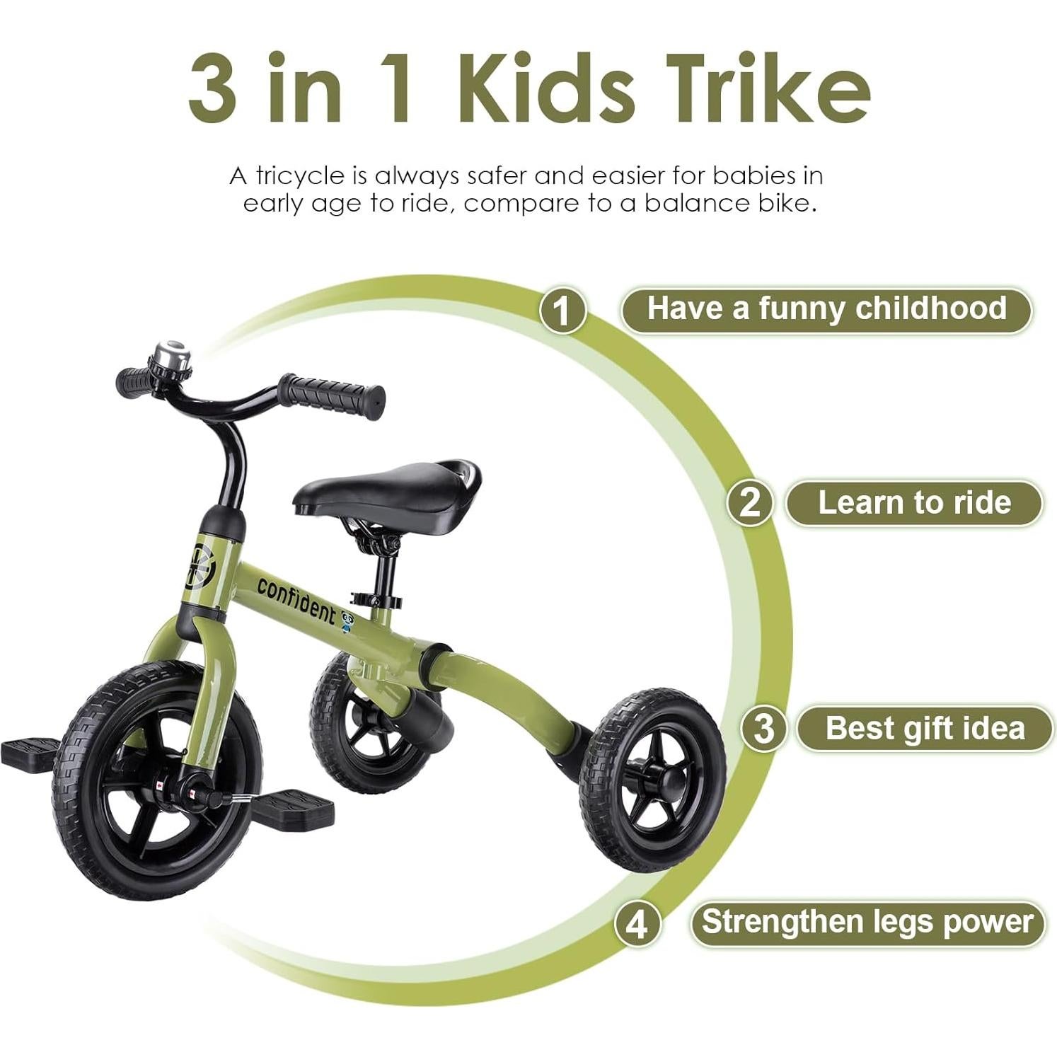 Triciclo 3 en 1 YGJT Verde Militar para Niños 2-5 Años