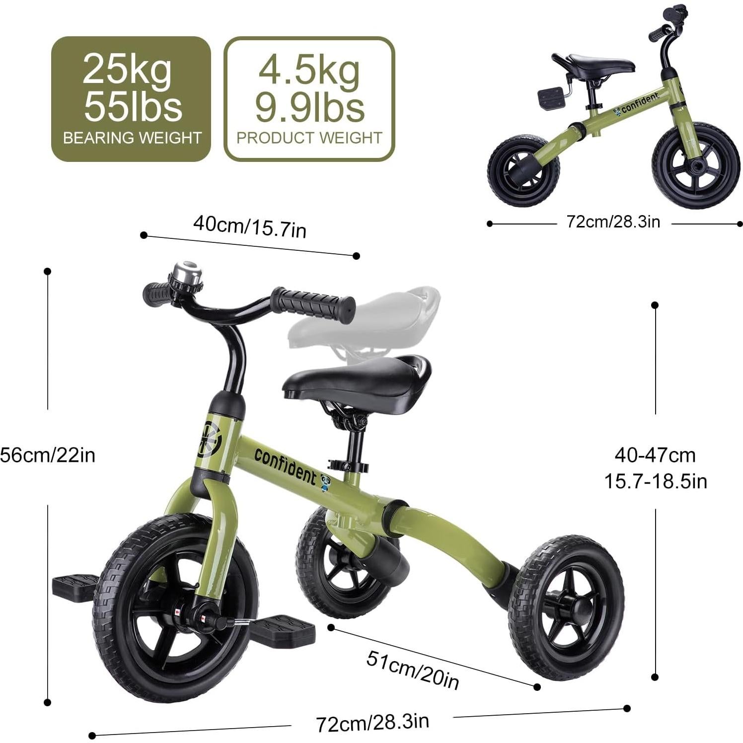 Triciclo 3 en 1 YGJT Verde Militar para Niños 2-5 Años