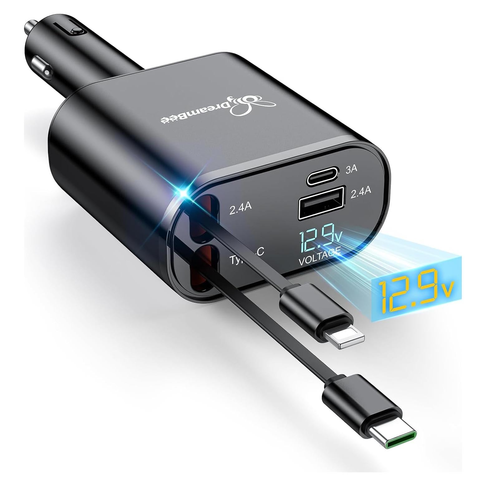 Cargador de Coche DreamBee 66W 4 en 1 con Cables Retráctiles
