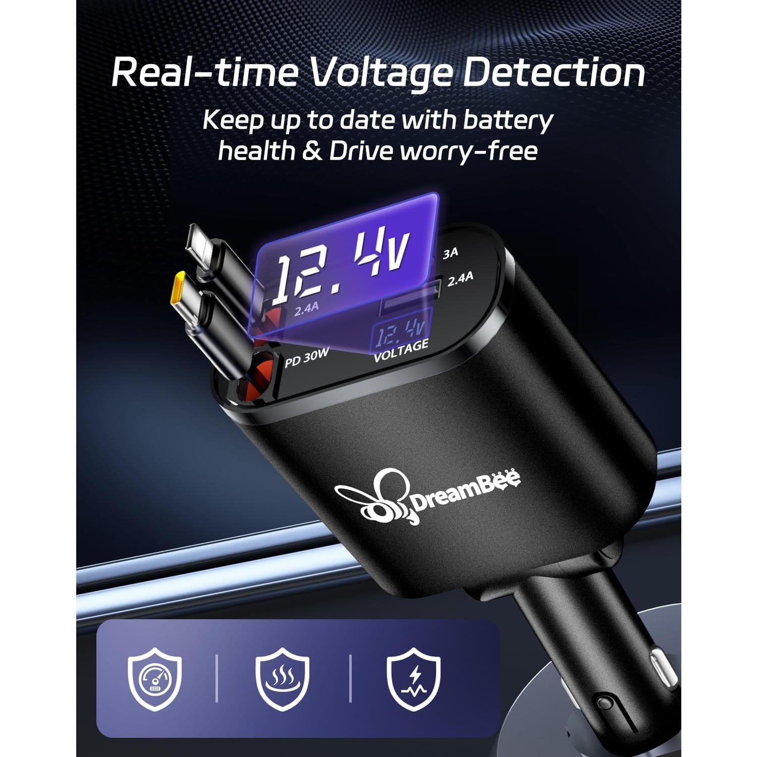 Cargador de Coche DreamBee 66W 4 en 1 con Cables Retráctiles