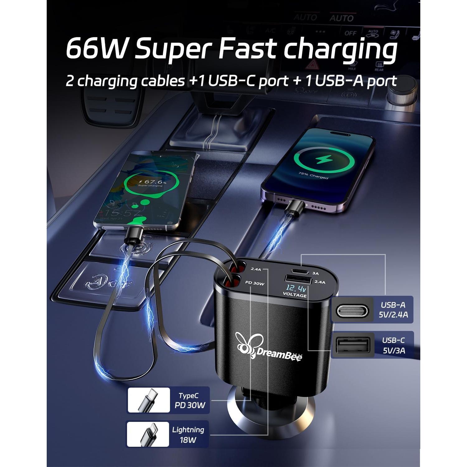 Cargador de Coche DreamBee 66W 4 en 1 con Cables Retráctiles