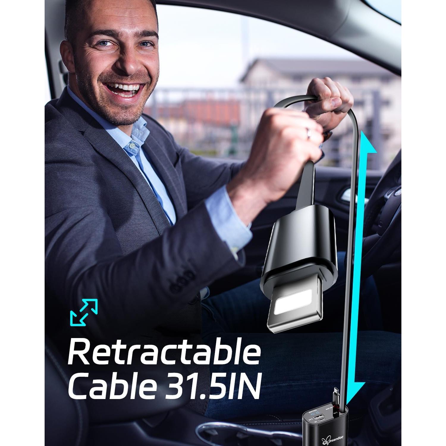 Cargador de Coche DreamBee 66W 4 en 1 con Cables Retráctiles