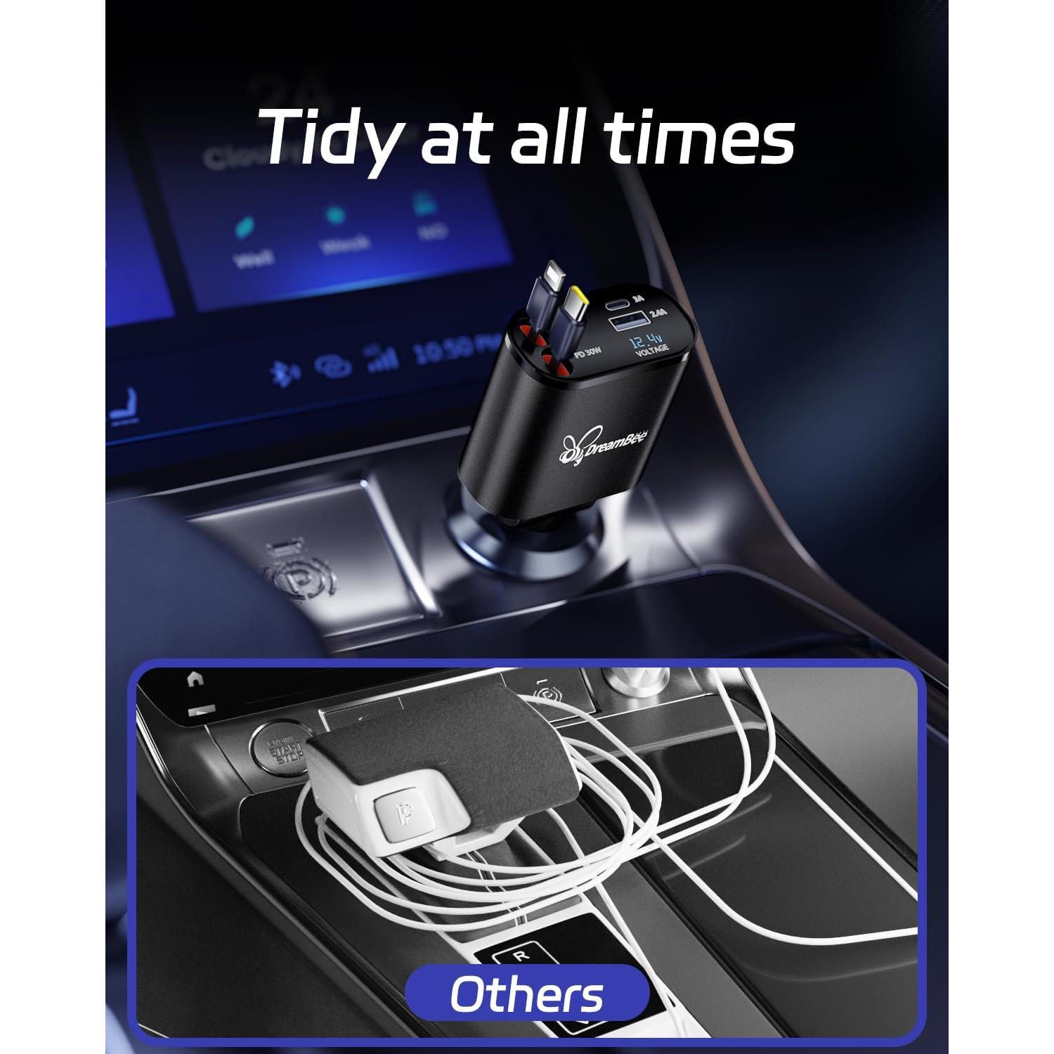Cargador de Coche DreamBee 66W 4 en 1 con Cables Retráctiles