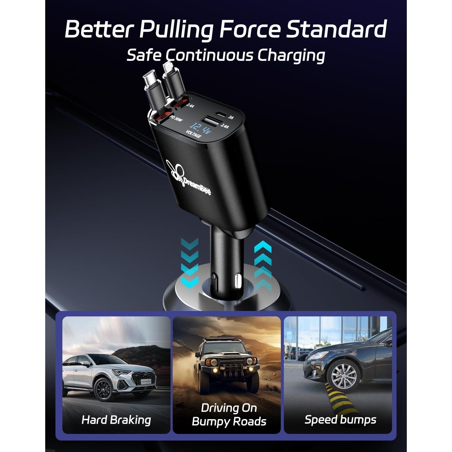 Cargador de Coche DreamBee 66W 4 en 1 con Cables Retráctiles