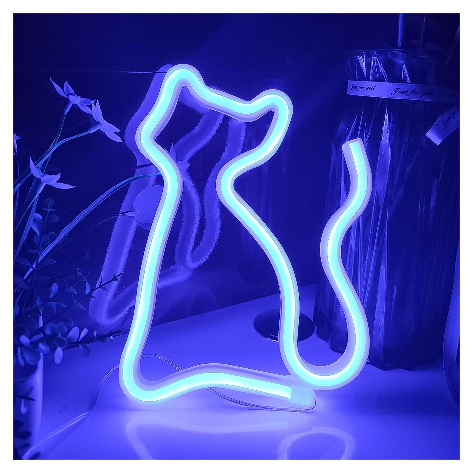 Letrero de Neón Gato JYWJ LED Azul, Alimentación USB o Pilas