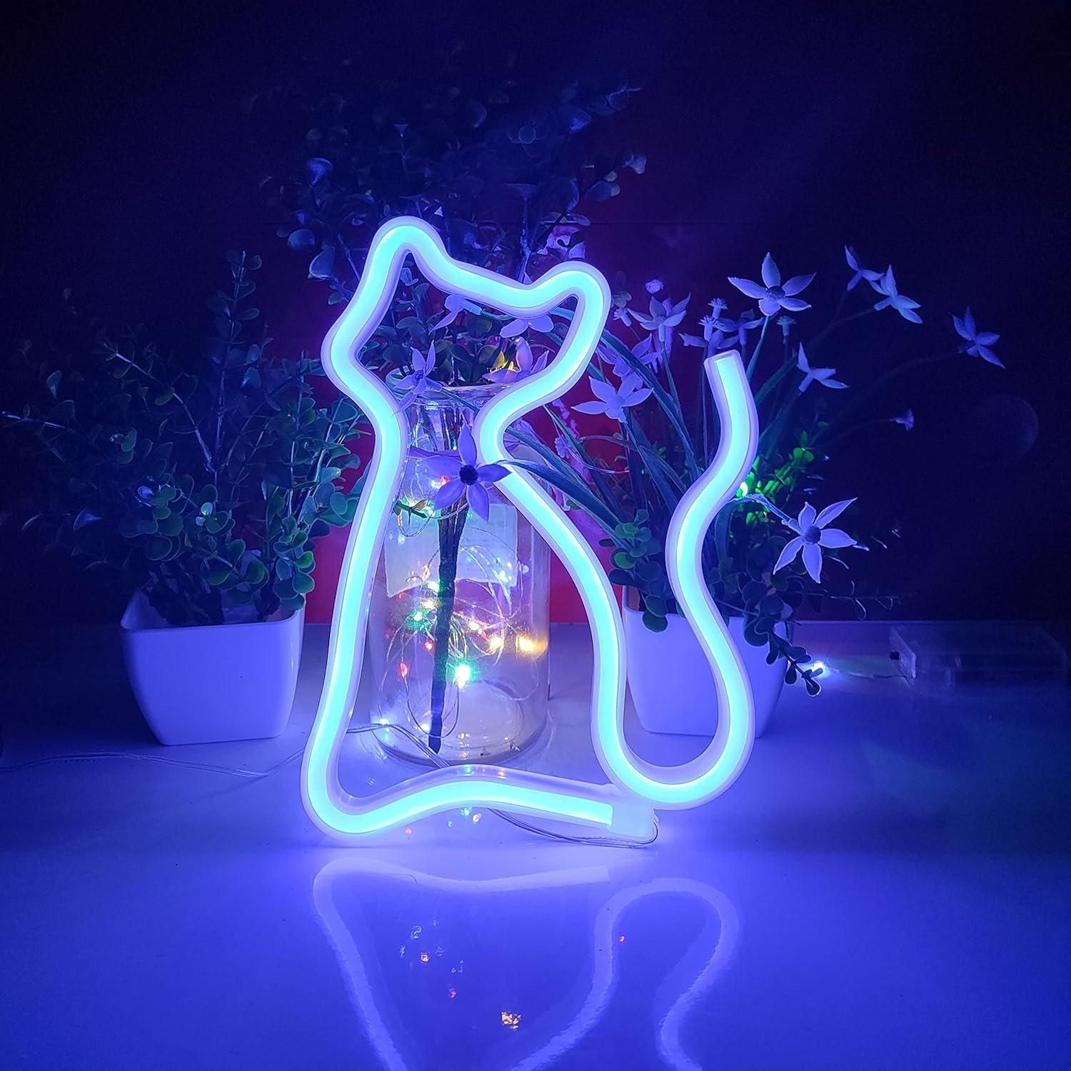 Letrero de Neón Gato JYWJ LED Azul, Alimentación USB o Pilas