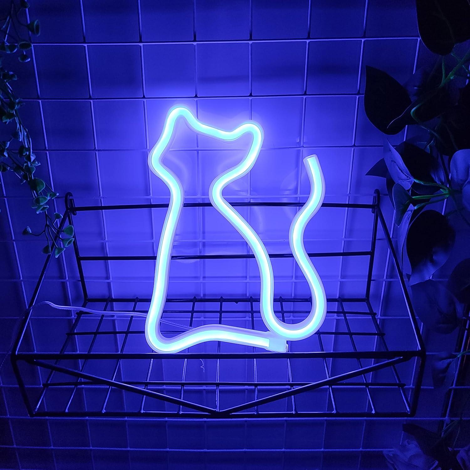 Letrero de Neón Gato JYWJ LED Azul, Alimentación USB o Pilas