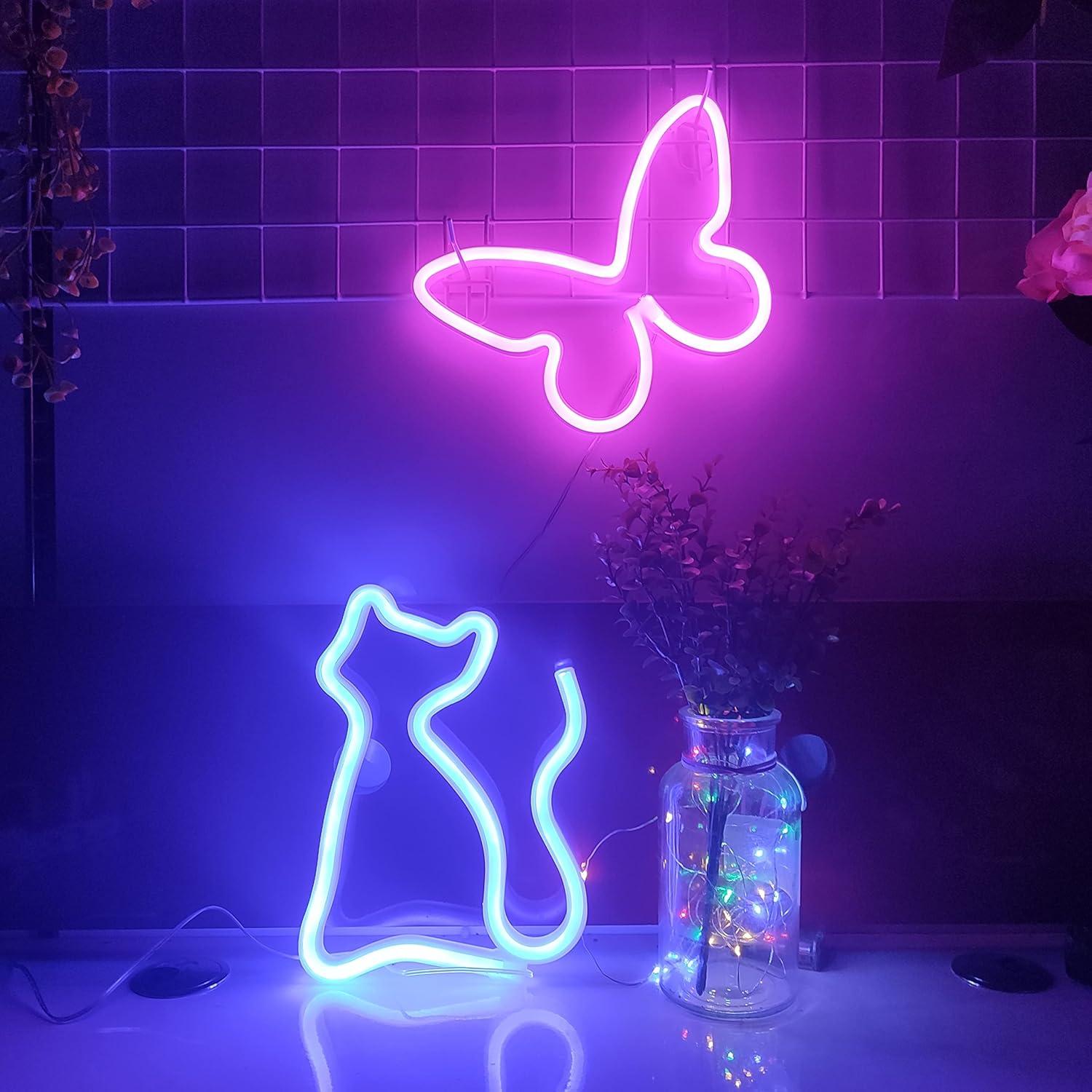 Letrero de Neón Gato JYWJ LED Azul, Alimentación USB o Pilas