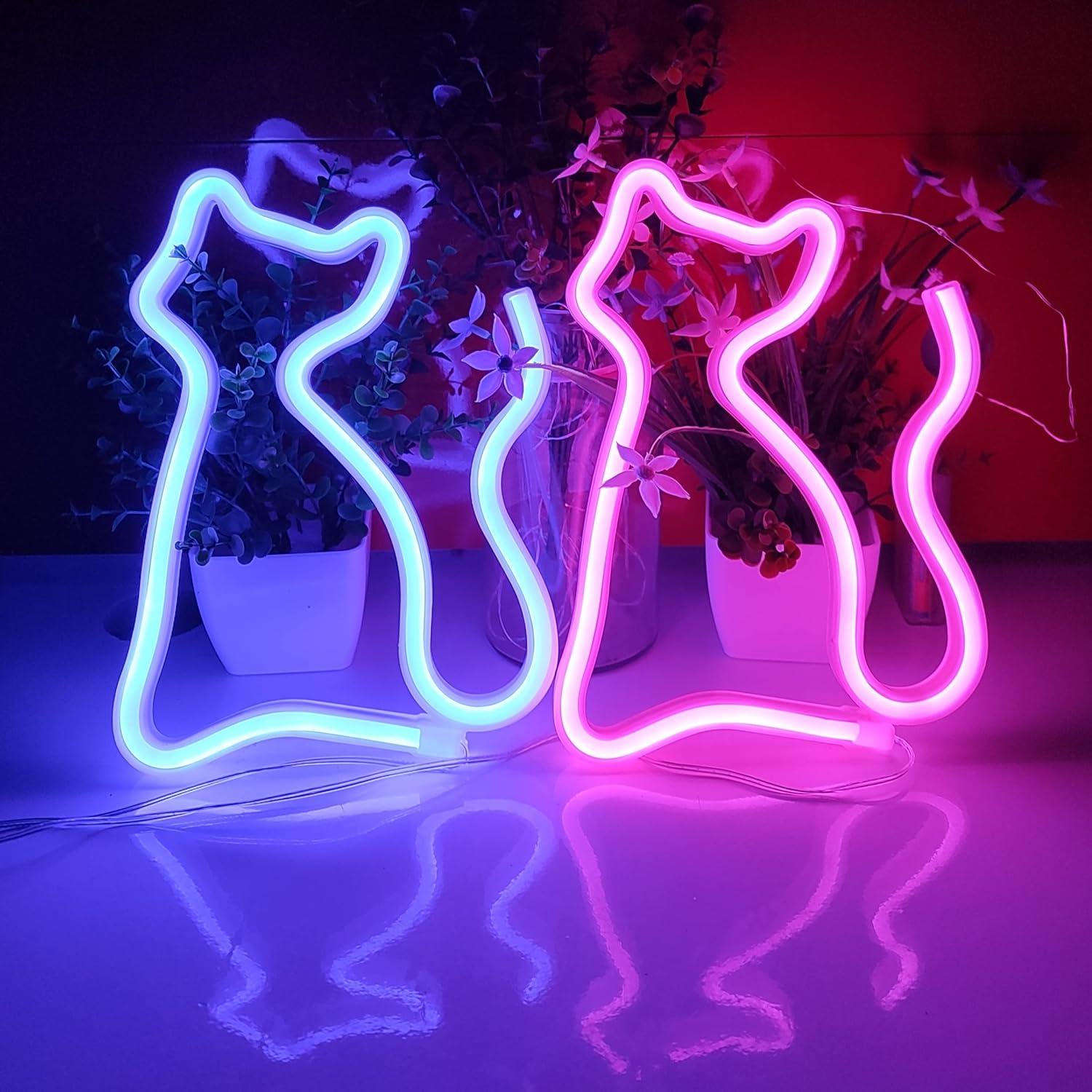 Letrero de Neón Gato JYWJ LED Azul, Alimentación USB o Pilas