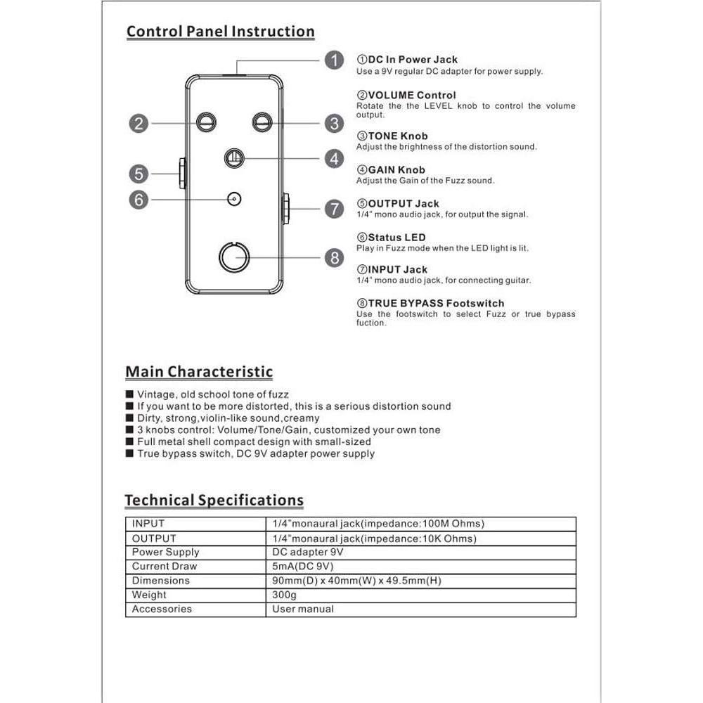 Pedal de Efecto Fuzz SharkChili True Bypass 9V Compacto
