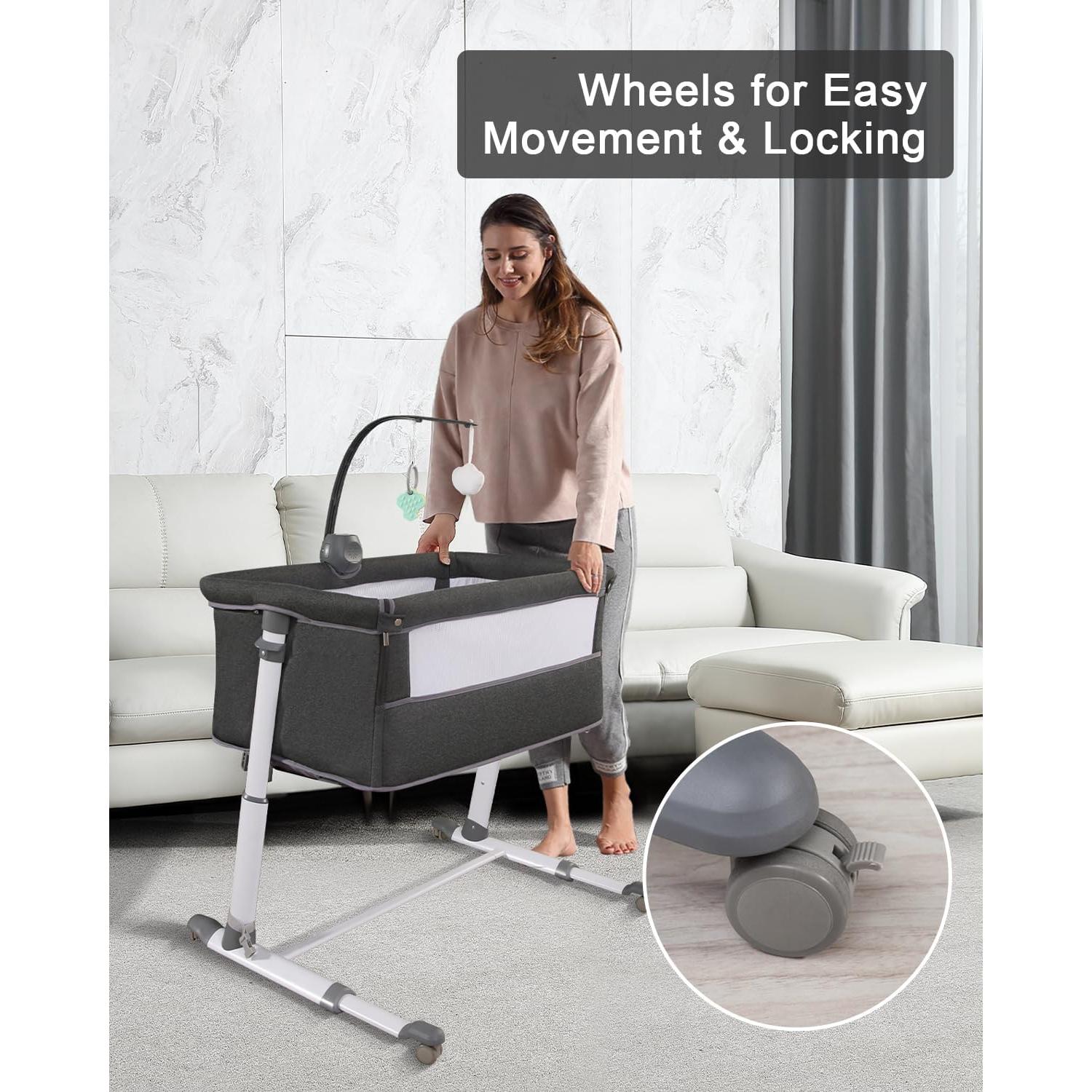 Cuna Lateral Yacul para Bebés Ajustable con Ruedas y Música