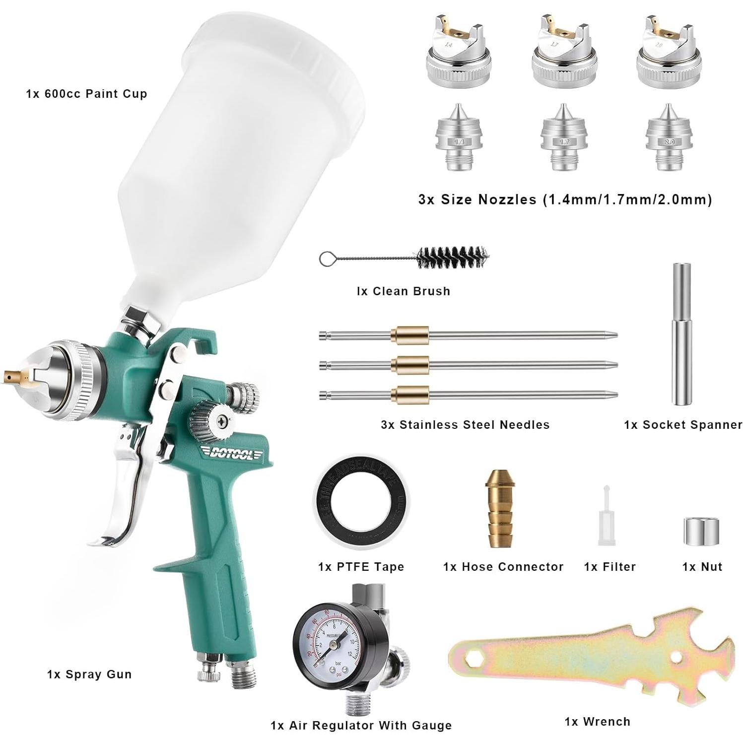Kit Pistola de Pulverización HVLP Dotool DTQ8010 600cc 3 Boquillas