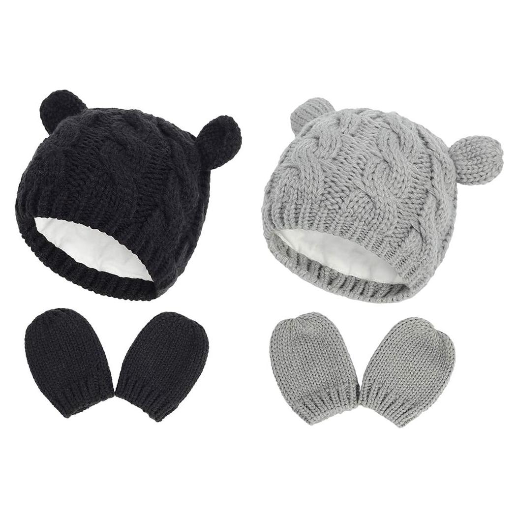Conjunto Gorro y Guantes Bebé Suaves 0-18 Meses - Negro y Gris
