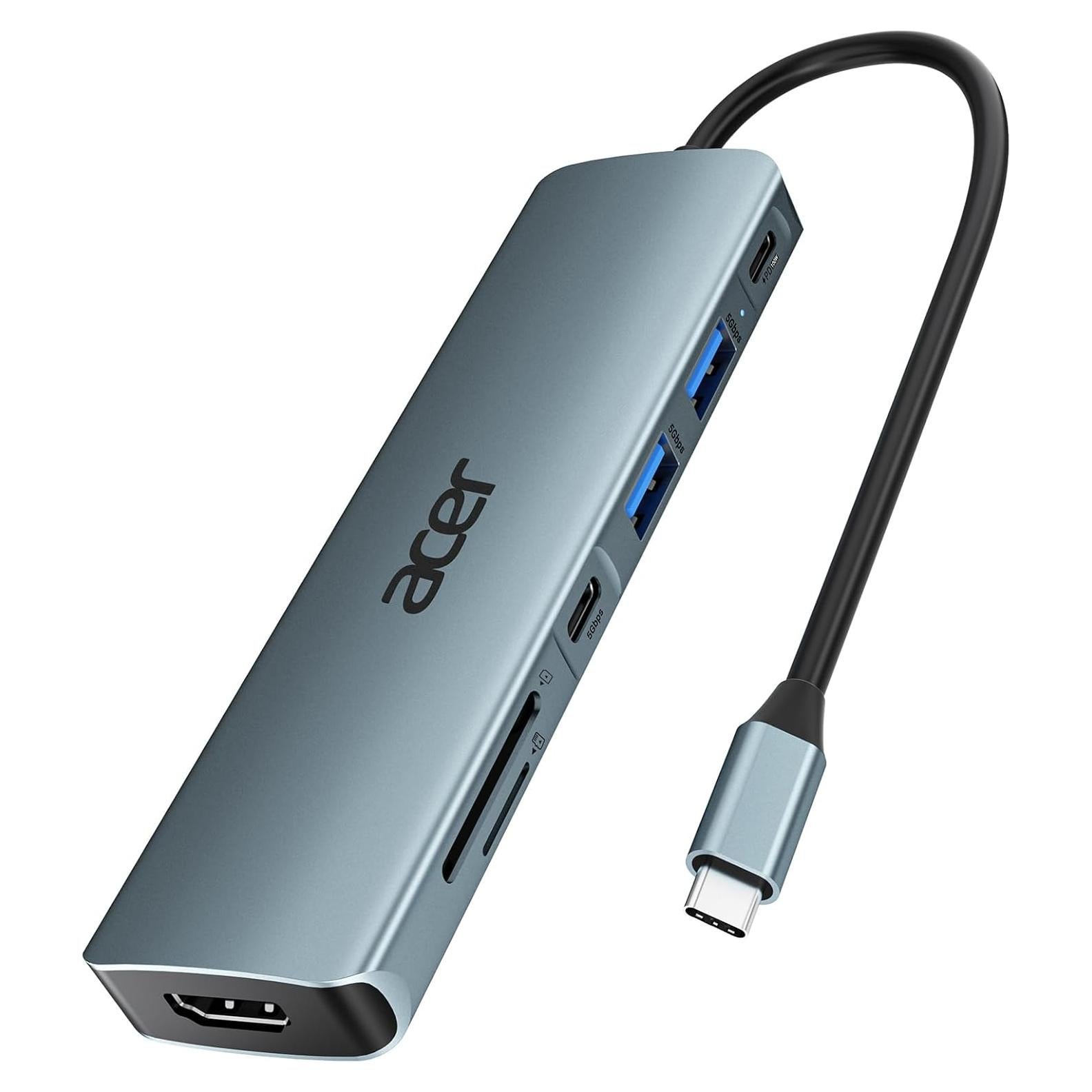 Hub USB C Acer ODK360 7 en 1 HDMI 4K, 2 USB 3.1, Carga 100W