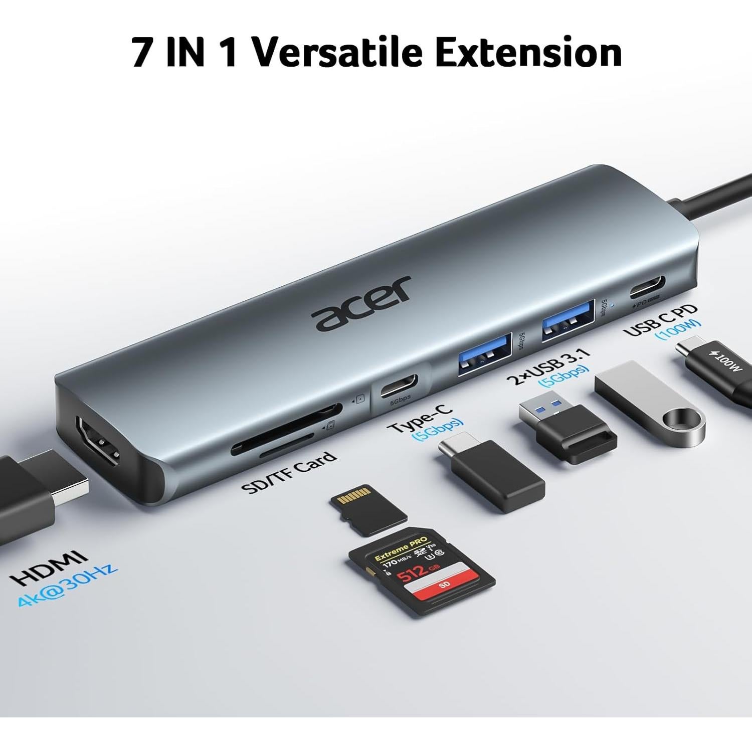 Hub USB C Acer ODK360 7 en 1 HDMI 4K, 2 USB 3.1, Carga 100W