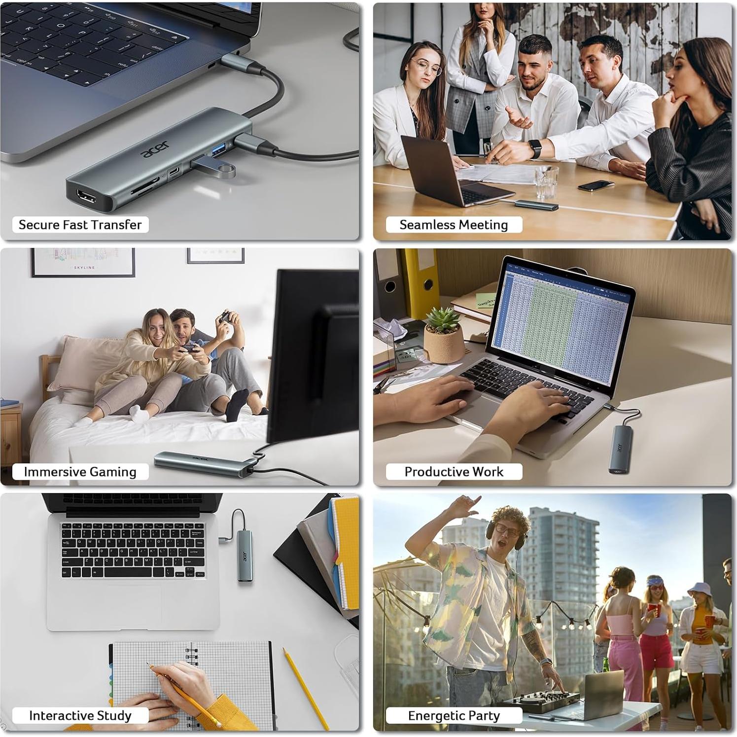 Hub USB C Acer ODK360 7 en 1 HDMI 4K, 2 USB 3.1, Carga 100W