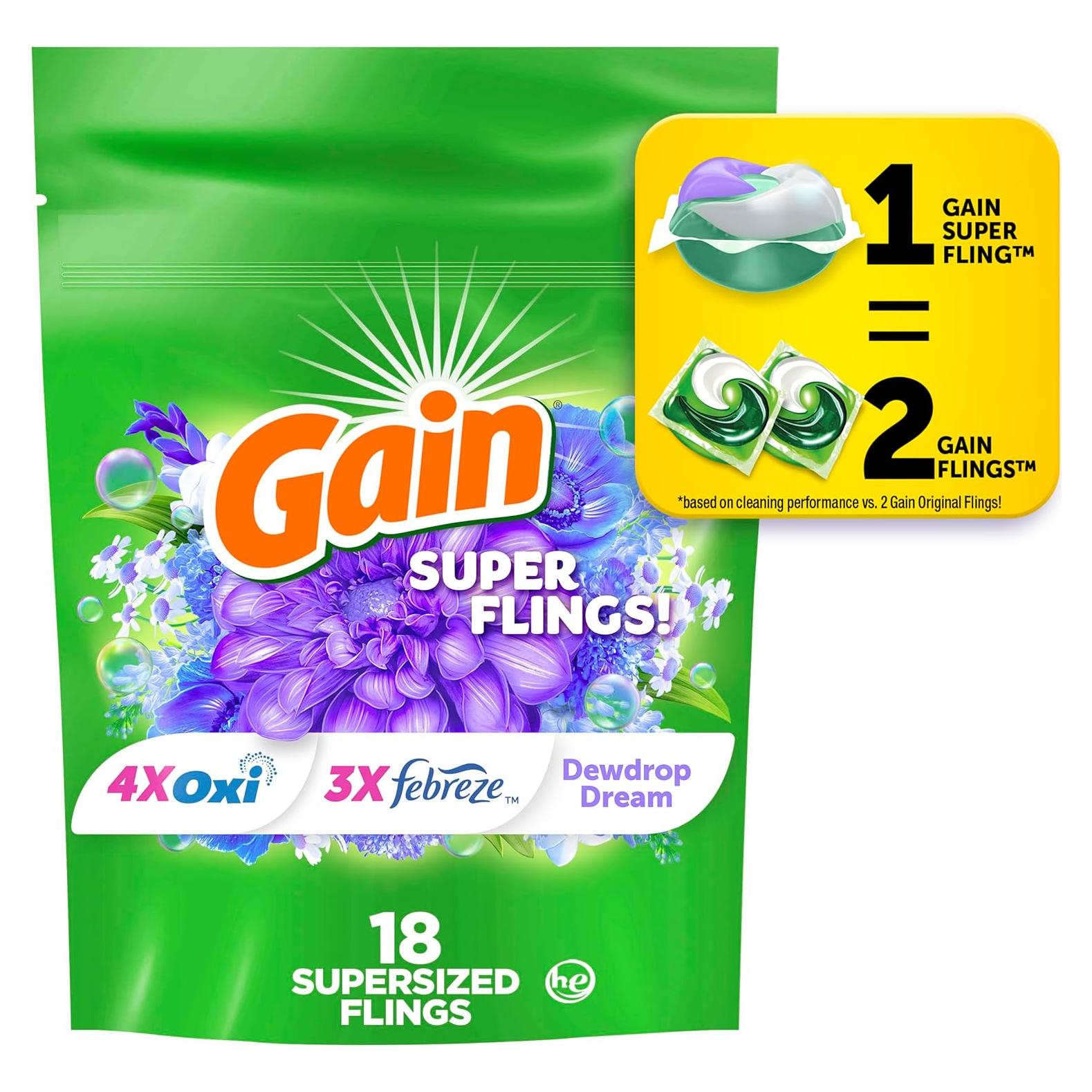 Gain Super Flings Detergente para Ropa 18 Unidades Aroma Sueño de Rocío