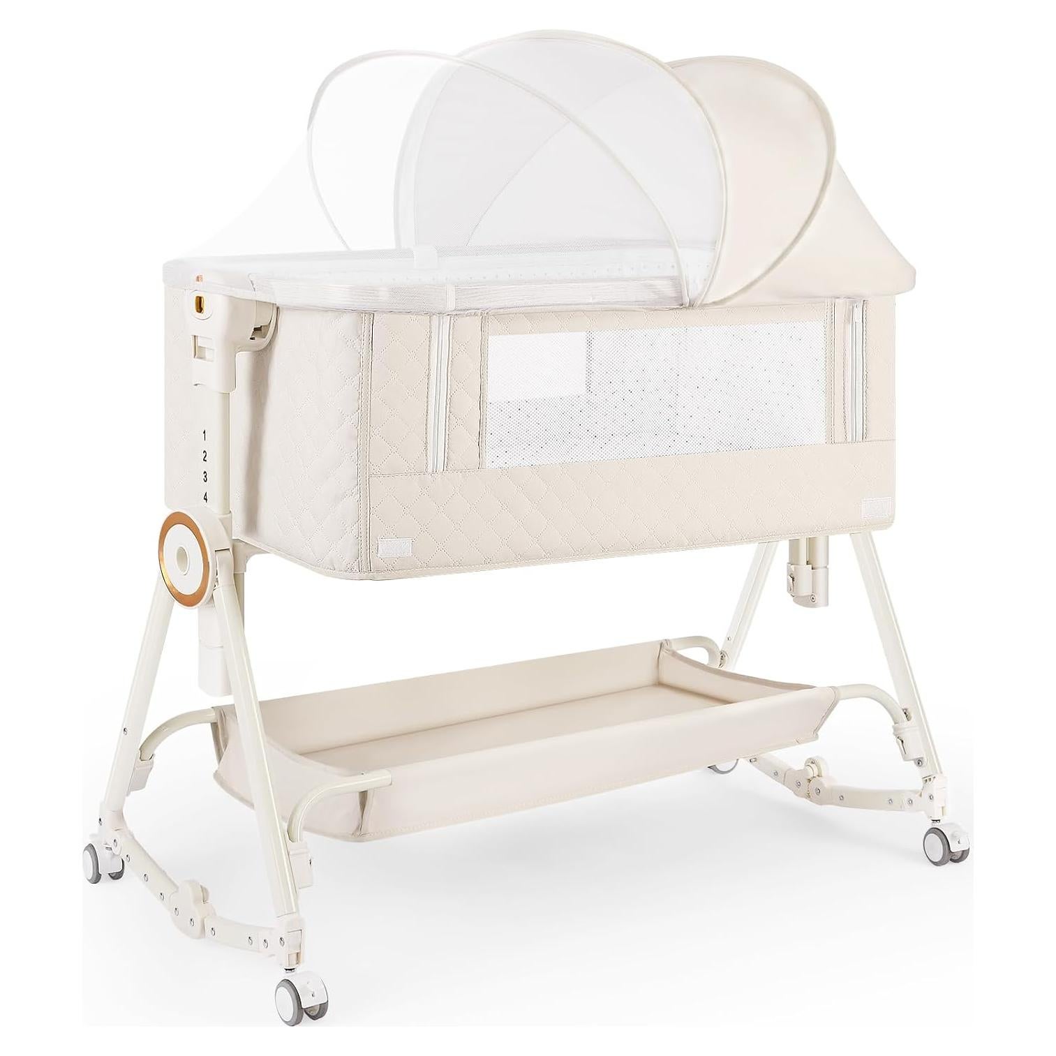 Cuna Lateral 5 en 1 FYYWBABY Beige con Colchón y Red Antimosquitos