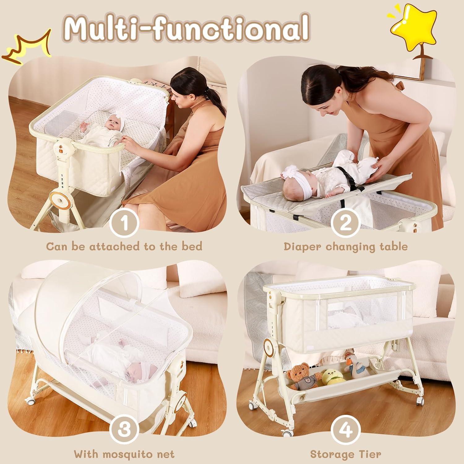 Cuna Lateral 5 en 1 FYYWBABY Beige con Colchón y Red Antimosquitos