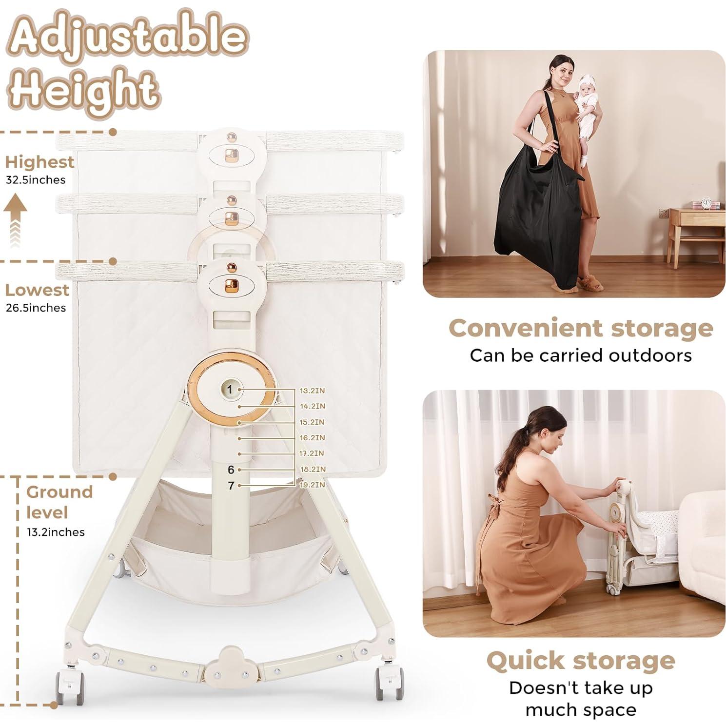 Cuna Lateral 5 en 1 FYYWBABY Beige con Colchón y Red Antimosquitos