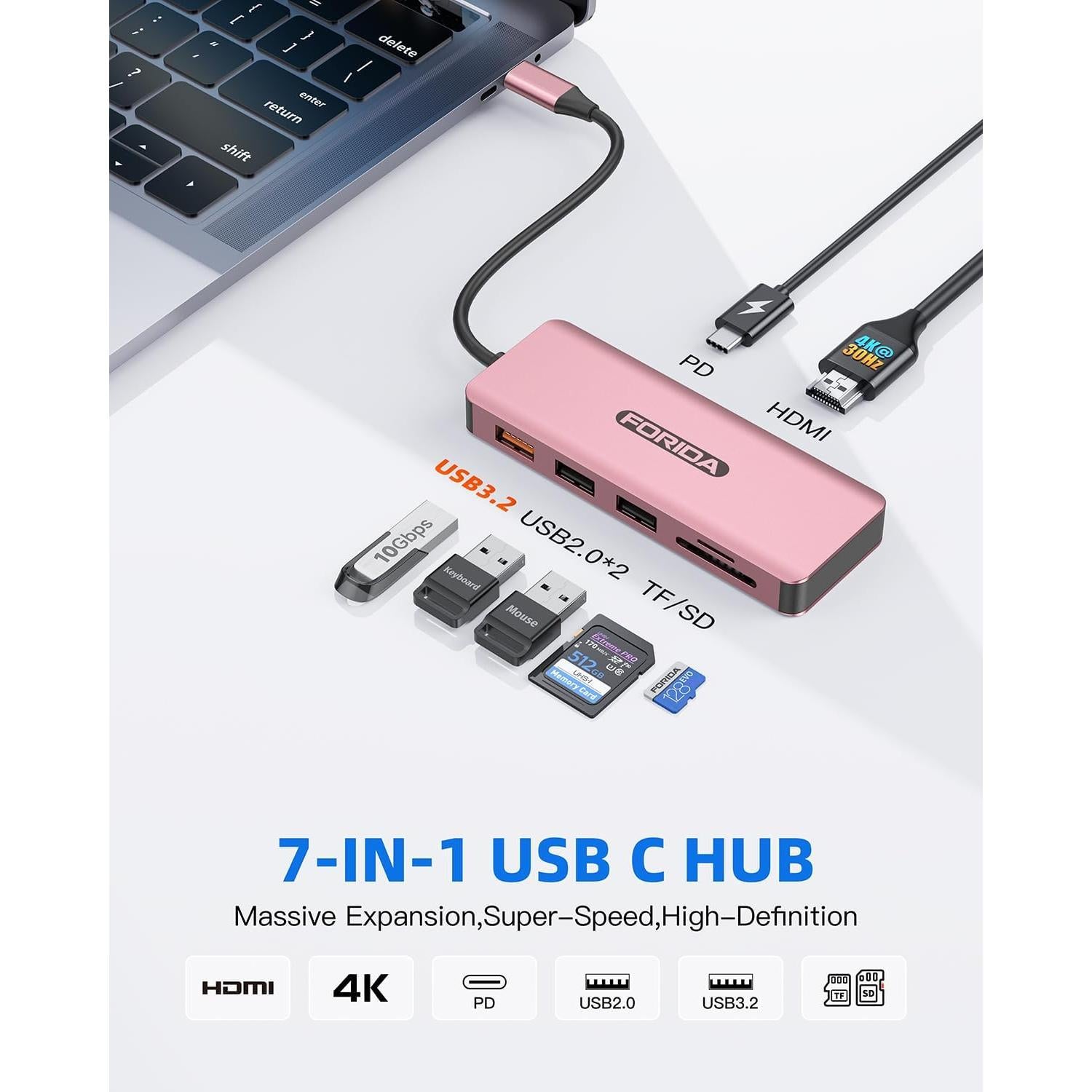 Hub USB C FORIDA 7 Puertos HDMI 4K 100W PD 10Gbps