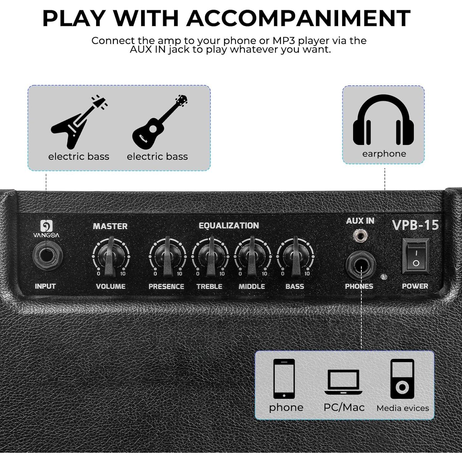 Amplificador de Bajo Vangoa 15W Portátil Negro para Práctica