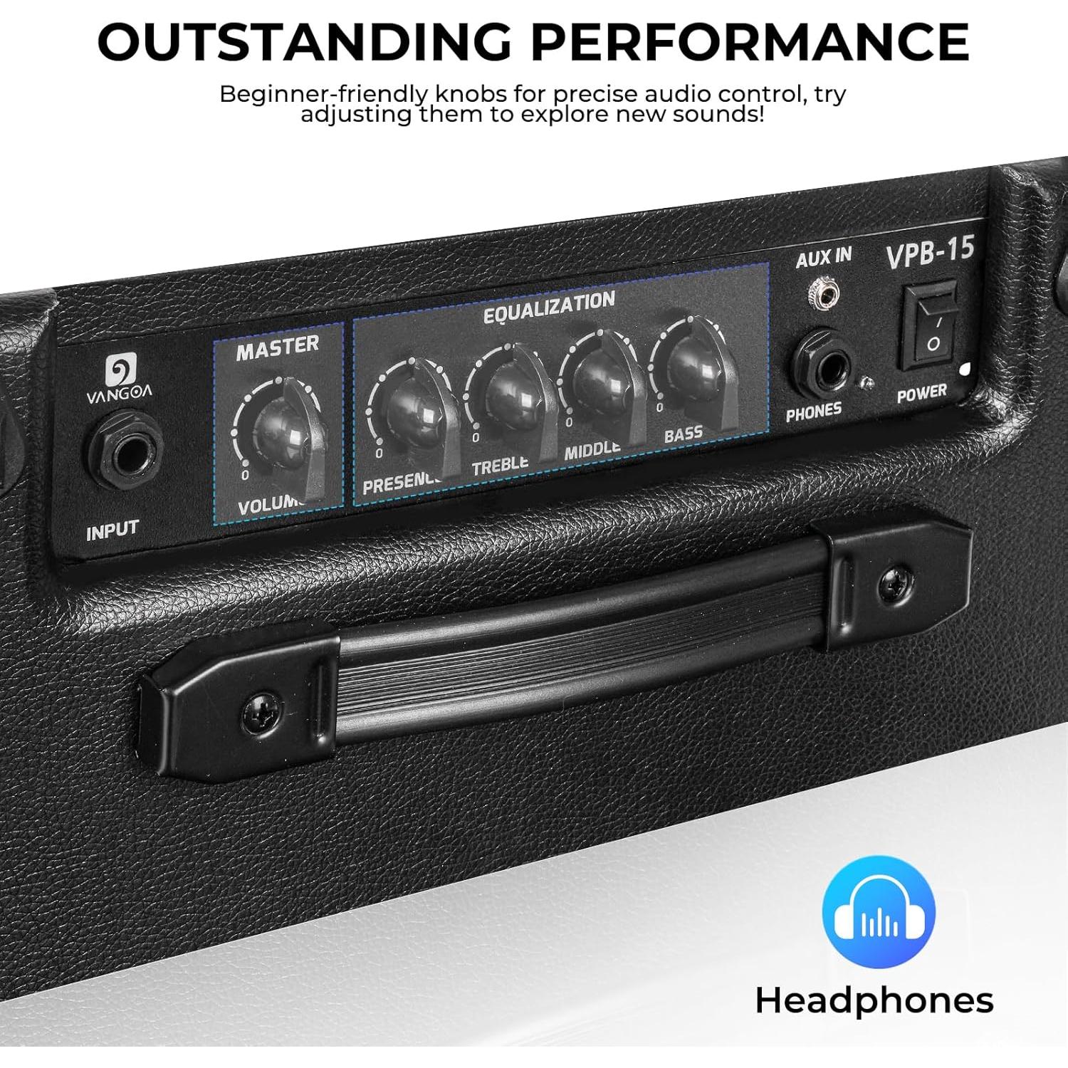 Amplificador de Bajo Vangoa 15W Portátil Negro para Práctica