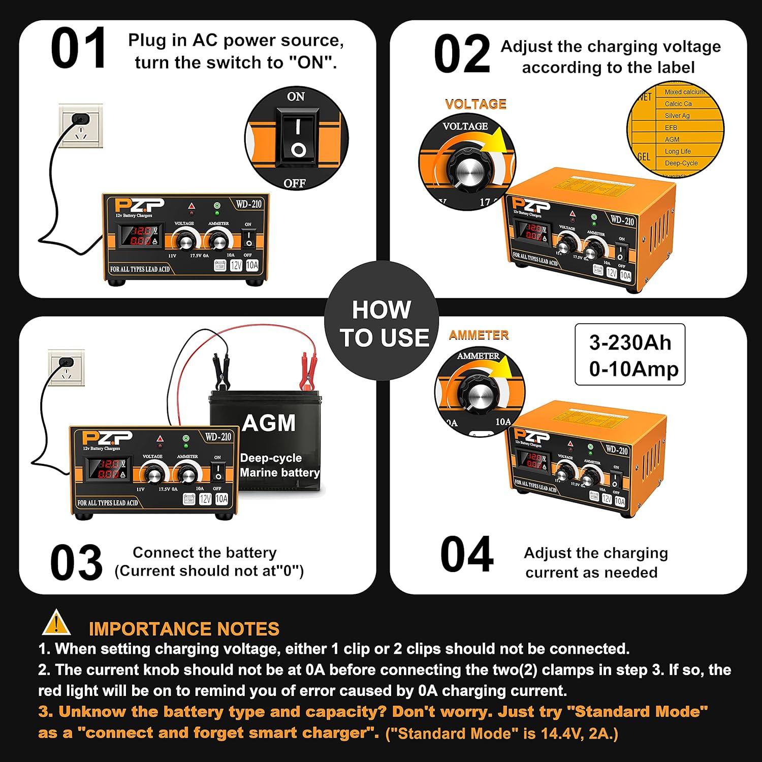 Cargador de Batería Manual PZP 12V 0-10A Ajustable
