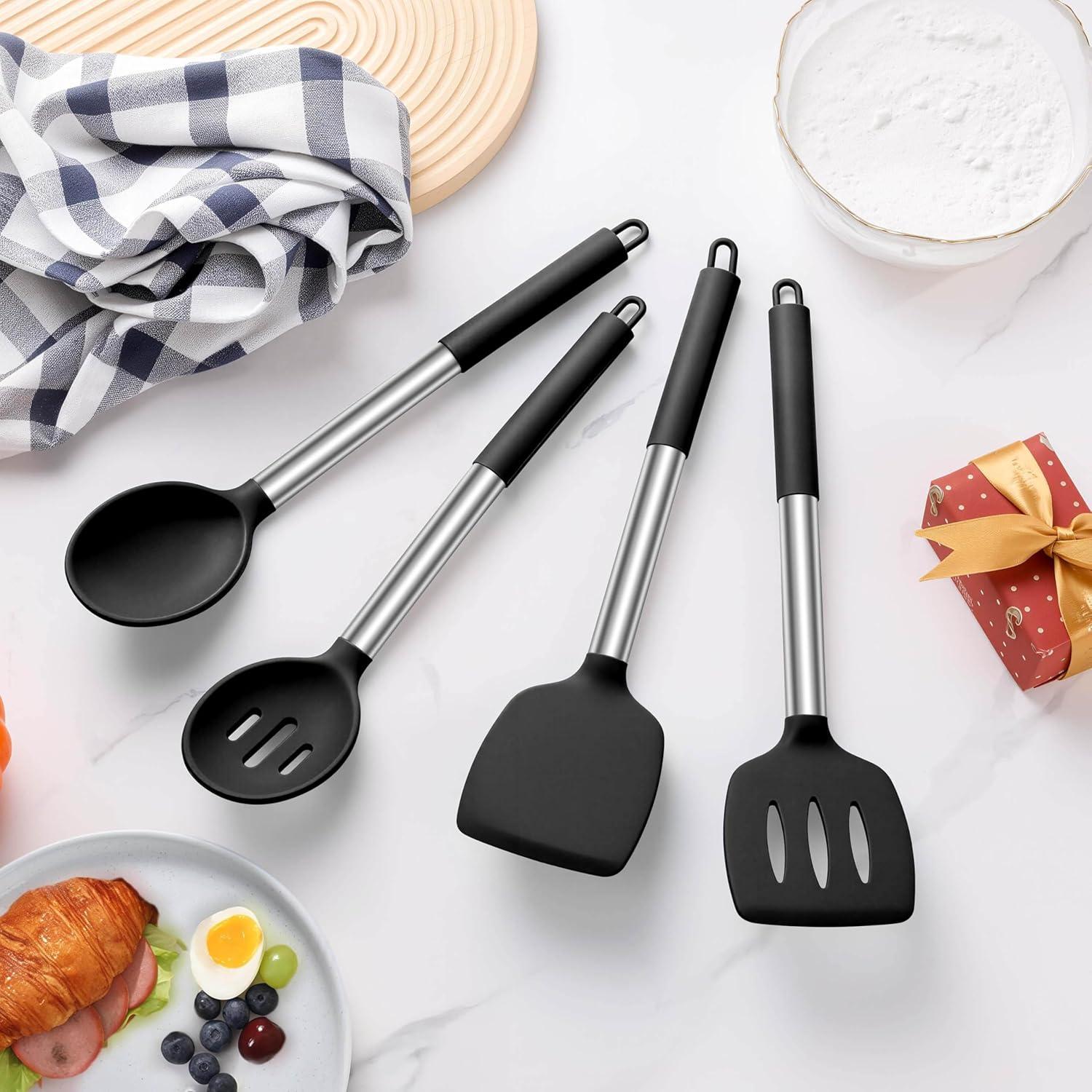 Juego de Utensilios de Cocina LIANYU 4 Piezas Silicona Negro